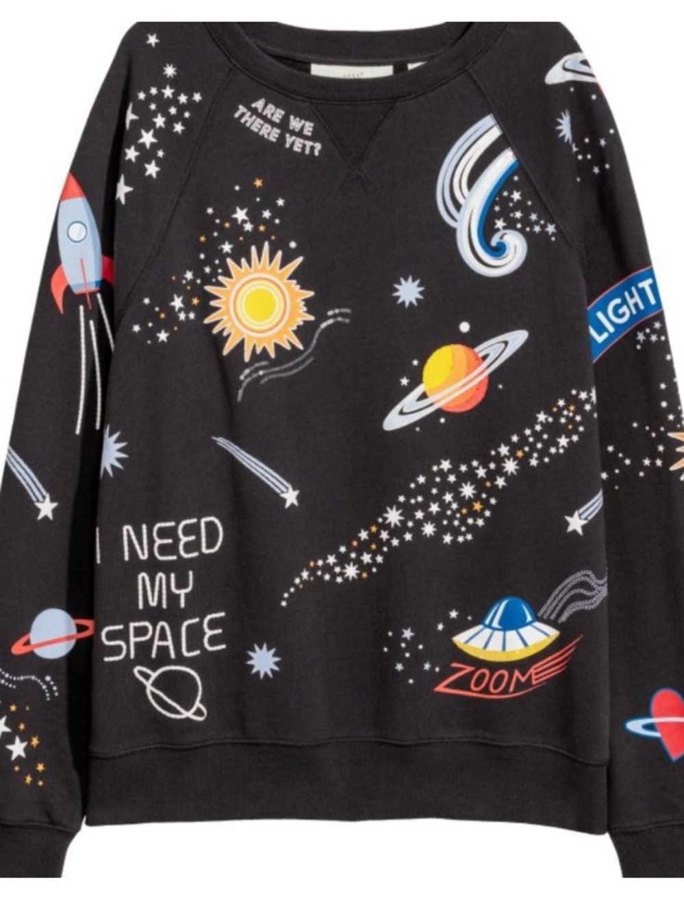 H&M Y2K Black Space Graphic Print Sweatshirt Multicolor Planets Stars Sequins